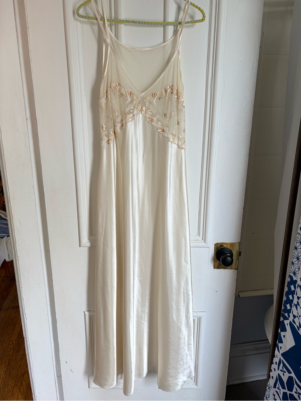 Vintage Cream Satin Slip Dress with Lace Detail and Mesh Top